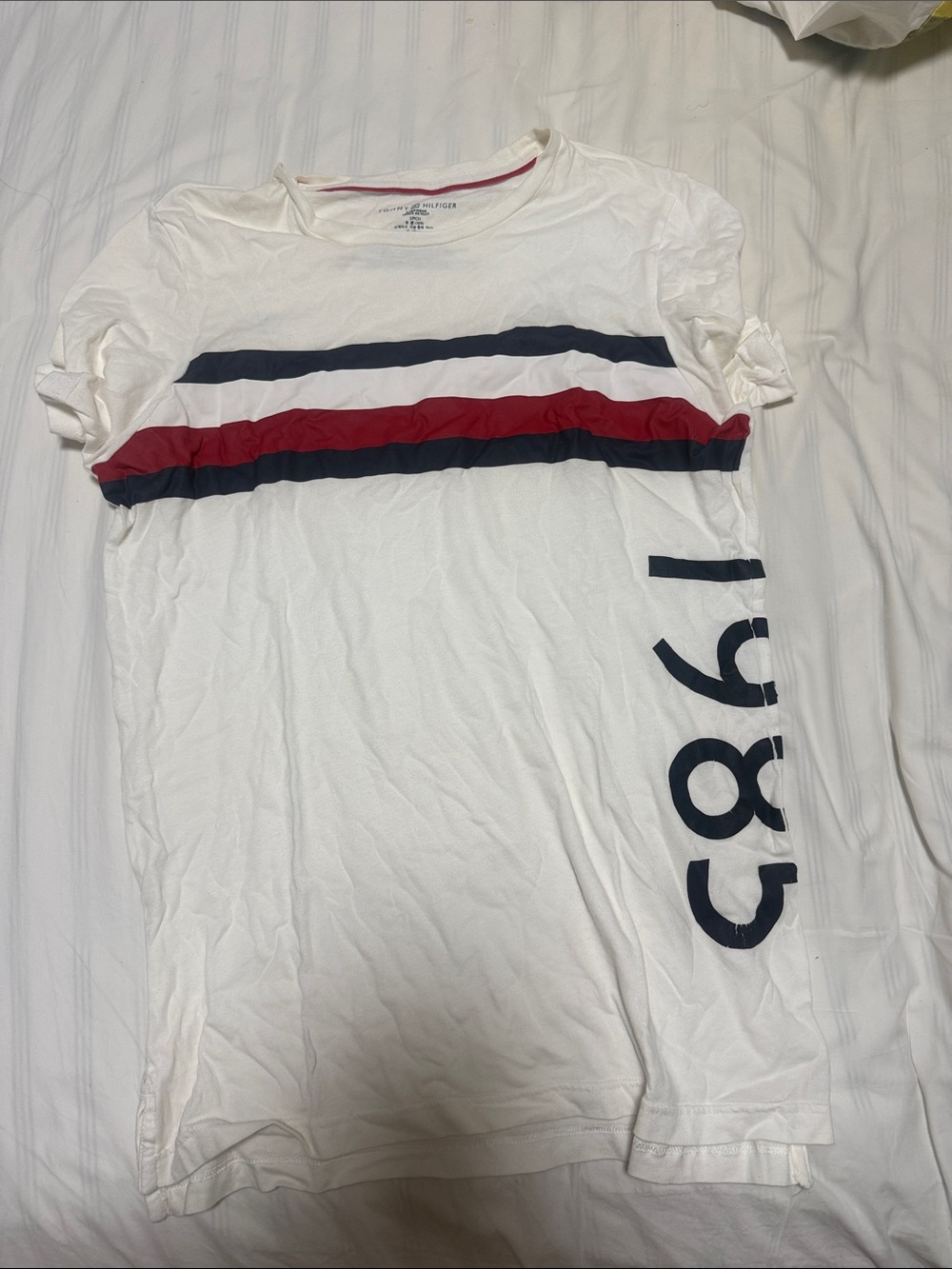 Tommy Hilfiger White Tee with Red & Navy Stripes and Side Logo